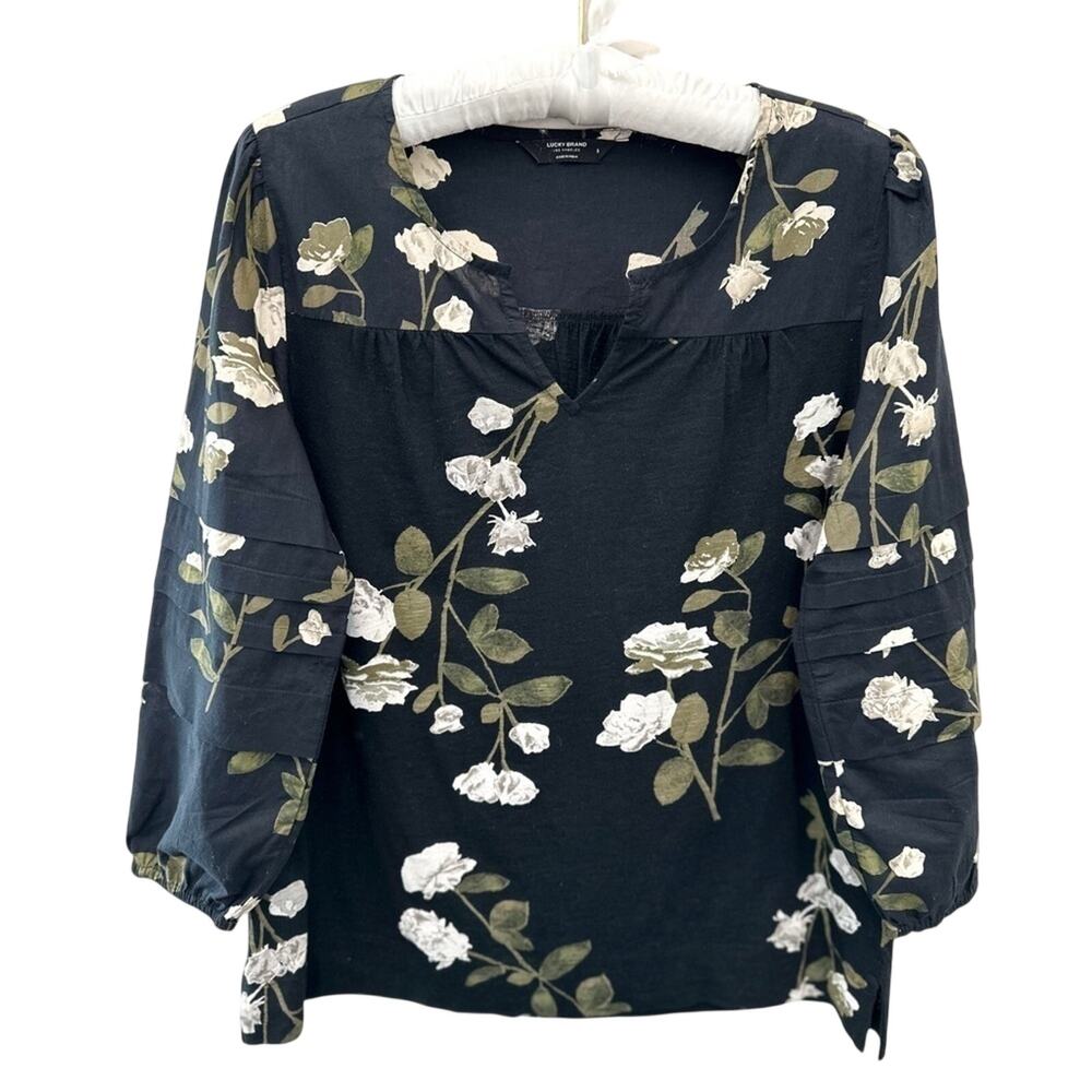LUCKY BRAND Black Dark Floral Cotton Boho Peasant Blouse Top Cottagecore Small